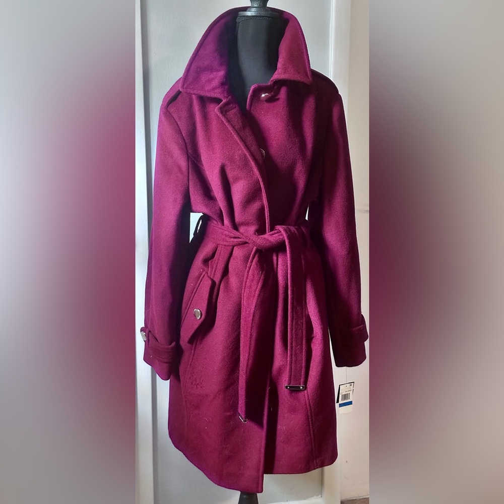 Gorgeous Michael Kors Wool Blend Belted Wrap Coat Burgundy!
